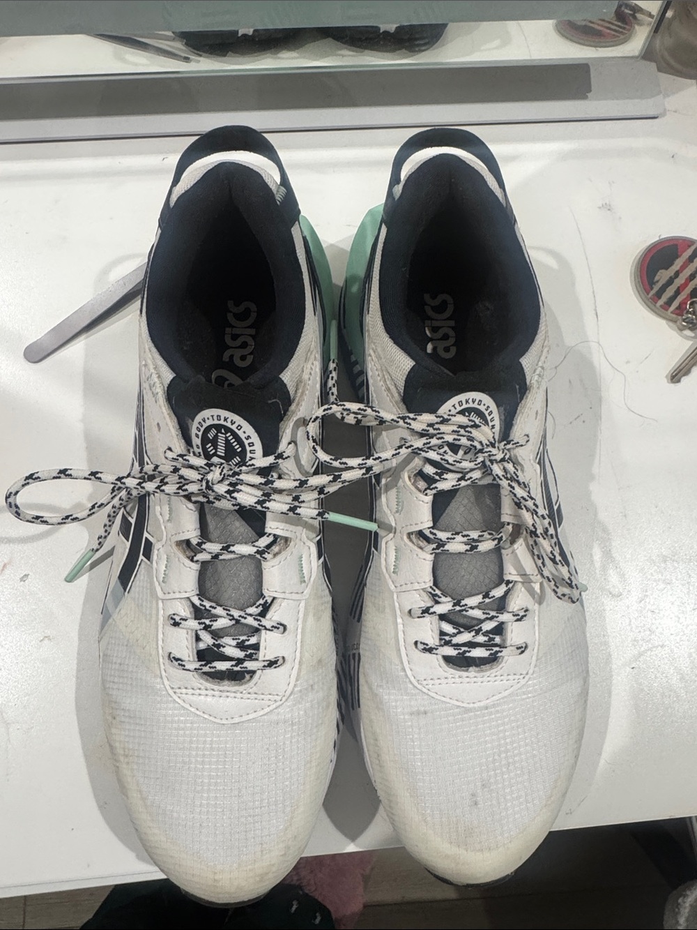 Asics White Sneakers with black and Mint Accents